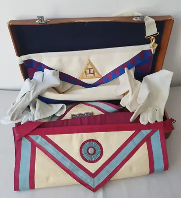 Vintage Original Cased Masonic Set Royal Arch Aprons Gloves Companions Brown • £55