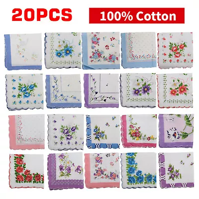 20PCS Lady Handkerchiefs 100% Cotton Hankies Pocket Vintage Classic Handkerchief • $11.98