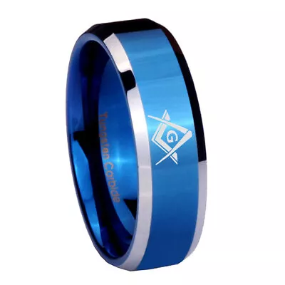 8mm Freemason Masonic Beveled Edge Blue Engraved Wedding Ring • $19.99