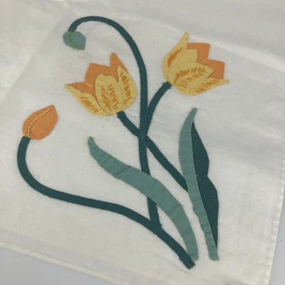 $30.25 • Buy Vintage Hand Embroidered Applique Square Card Table Tea Tablecloth Yellow Tulips