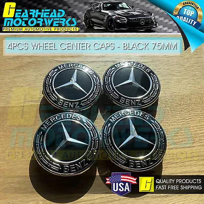 4 Mercedes-Benz Classic Black Wheel Center Hub Caps Emblem 75MM Laurel Wreath • $21.99