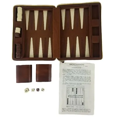 Vintage BACKGAMMON Travel Game Set Brown Padded Leather Travel Case Cardinal • $21.45