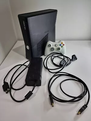 XBOX 360 S Slim Black Console + White Controller + All Cords Tested And Working • $119.50