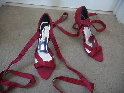 £23 • Buy Karen Millen Shoes Red Satin Strappy High Heels Party Christmas Bow Wrap Straps