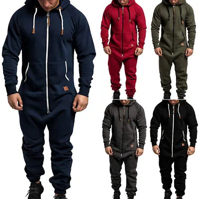New Mens Long Sleeve Hooded Playsuit All In One 1Onesie Jumpsuit Casual Romper • £23.87