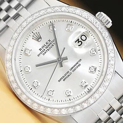 Mens Rolex Datejust Silver Dial 18k White Gold Diamond Bezel & Steel Watch • $5299