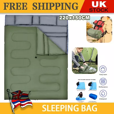 2 IN 1 Double Sleeping Bag Extra Large Waterproof Carrying Bag Camping 220X150CM • £31.99