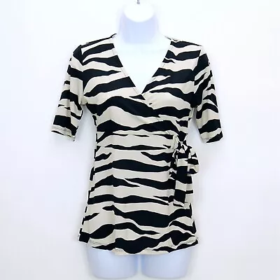 MERONA Size XS Womens Animal Print Zebra Faux Wrap Tie Pullover Top Black White • $18