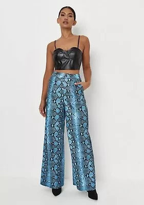 Missguided Tall Blue Black Snakeskin Pants 8 Wide Leg Vinyl Feel NWT NEW • $49