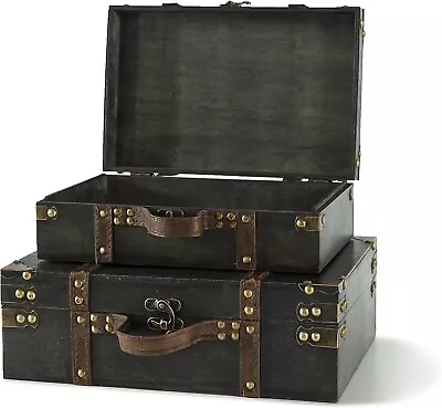 Wooden Box With Hinged Lid Set Of 2 Decorative Vintage Suitcase Decor Storage T • $49.99
