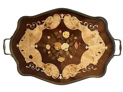 Vintage Large▪︎ 21x15 ▪︎Wooden MARQUETRY TRAY Flowers Brass Rail Handles • $64.93