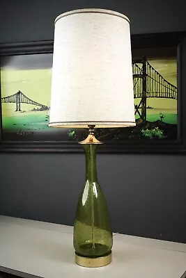 Mid Century Modern Italian Murano Green Bubble Glass & Brass Table Lamp • $249.99