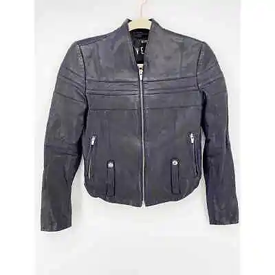 Veda P XS Navy Lamb Leather Moto Jacket Zip Front Biker Crop $998 *Torn Lining • $69.30