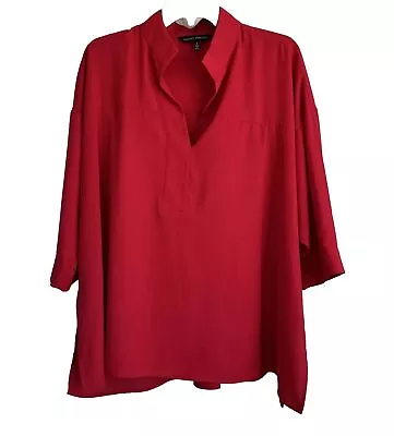 Ming Wang Women's Red V-Neck 3/4 Sleeve Oversized Relaxed Fit Top Size L • $28