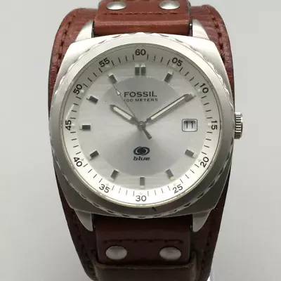 Fossil Blue Watch Men 40mm Silver Tone 100M Leather Cuff AM-3675 New Battery • $44.99