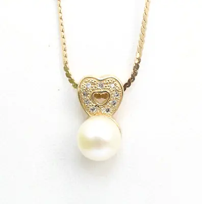 + Vintage 14k Round 9mm White Pearl Diamond Heart Pendant Necklace 24  Chain • $494