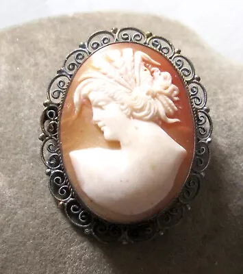 Fabulous Victorian 800 Silver Cameo Pin Gorgeous Carved Lady 1 1/2  Filigree • $39.99