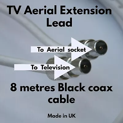 8m Metres Quality RF Coax Black TV Aerial Cable Television Extension Fly Lead.  • £8.97