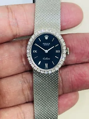 Rolex Cellini 18k Wg Vintage Factory Diamond Bezel W/ Blue Dial Ladies Watch!!! • $3999.99