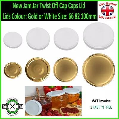 New Jam Jar Twist Off Cap Caps Lid Lids Colour: Gold Or White Size: 66 82 100mm • £5.47