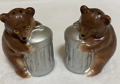 Vintage Victoria Ceramics Brown Bears With Trash Cans Salt And Pepper Japan • $12.90