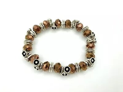 Vintage Stretch Bracelet - Faceted Copper Tone & Silver Tone Floral Beads • $9.99