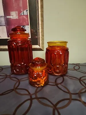 $0.99 • Buy Vintage LE Smith Glass Amberina Moon & Stars 3-Piece Canister Set Red Orange