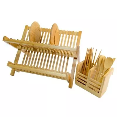 £17.99 • Buy Set Of 2 Wooden Dish Drainer Plate Rack With Cutlery Utensil Holder Drying Rack