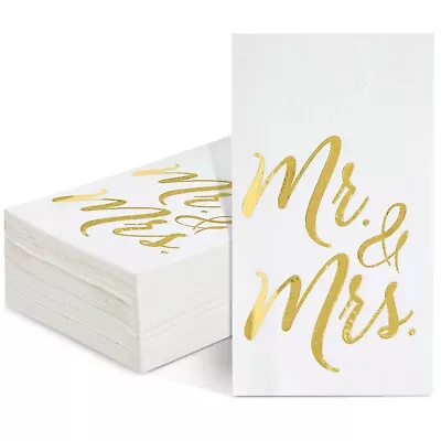 50 Pack Disposable Mr And Mrs Napkins For Wedding Dinner Gold Foil 4x8 In • $10.79