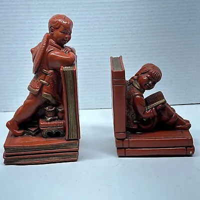 Vintage Asian Oriental Bookends Red Gold Boy Girl Pagoda Lego Japan Library Book • $13.65