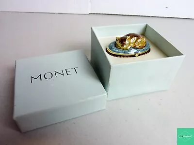 Vintage MONET Sleeping Cat Oval Hinged Magnetic Enamel Pill Jewelry Trinket Box • $25