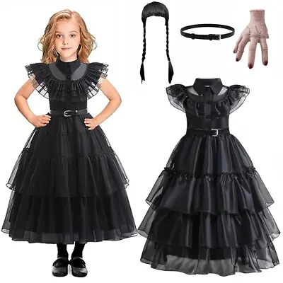 Kids Girls Wednesday The Addams Family Costume Halloween Dress Birthday Party CZ • £11.15