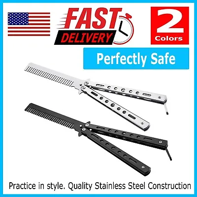 Butterfly Balisong Trainer Training Comb Knife Tool Metal Practice Black Silver • $5.95