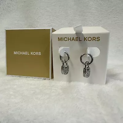 Michael Kors Pave Lock Hoop Earrings Silvertone - New In Box- MSRP $100 • $38.96