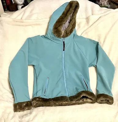 Marmot Size M Furlong Fur Trim Hooded Softshell Jacket Ski Fleece Lined Zip Blue • $50