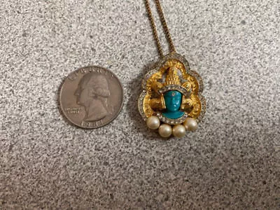 Vintage Hattie Carnegie GoldTone Turquoise Pearl Buddha Pendant Gold Tone Chain • $56.02