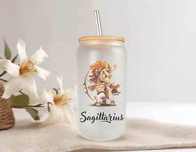 SAGITTARIUS Zodiac Sign Frosted Glass Can W/ Bamboo Lid 16 Oz Glass Cup  Mugzan • $17.99