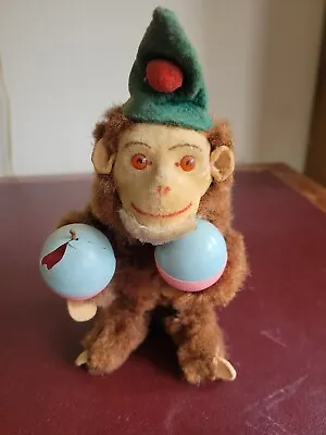 Antique Toy Mohair Monkey Turn Key Wind Up Doll Circus Balls Vintage TLC • $25