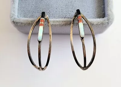 Vintage F. Barney Navajo Sterling Silver Opal Coral Onyx Post Back Earrings • $40.49