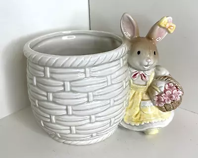 $28.50 • Buy Vintage Mrs. Bunny Planter Flower Pot White Basket Flowers Yellow Dress Ceramic