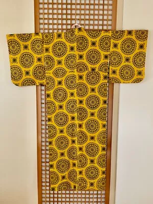 Vintage Japanese Kimono For Women /Meisen /Yellow Geometric Pattern Silk • $23.50