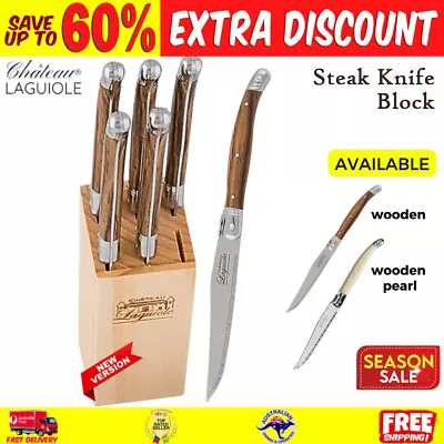 Laguiole Steak Knife Set Stainless Steel 6 Knives Wooden Block Stand Knife Set • $44.85