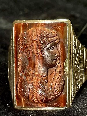 Fine Antique Victorian Men's Red Tiger's Eye Cameo Ring 10k Rose Gold Size 8.5 • $425
