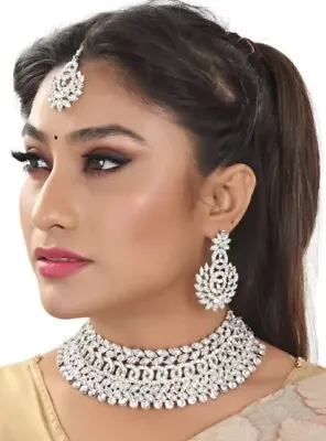 $22.31 • Buy Indian Women Silver Tone Choker Bridal Necklace Earrings Wedding Jewelry Set