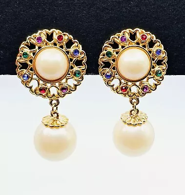 Vintage Faux Pearl Clip Earrings 1980s 1990s Chunky Runway Couture Gold Tone • $26