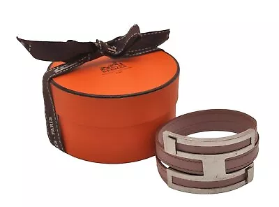 Authentic HERMES Puspus W H Logo Leather Bangle Pink Silver Box 7609I • $350