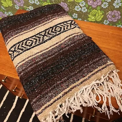 Brown Beige Mexican Woven Stripy Falsa Yoga Picnic Blanket Throw • £22.99