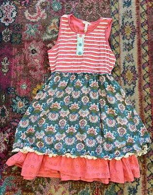 Matilda Jane Girls Covington Striped Print Dress Ruffles Sz 14 Barely Worn • $14.99