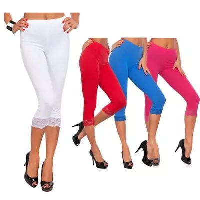 Women Ladies Capri Soft 3/4 Cropped Lace Trim Leggings Stretchy Comfy Pants • £2.25