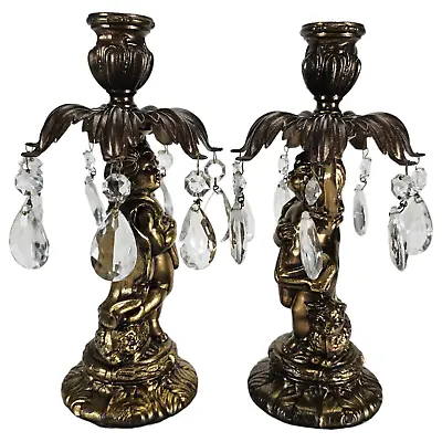 Italian Crystal Brass Candle Holder Pair Cherubs Gold Gilt Regency Marble Base • $175